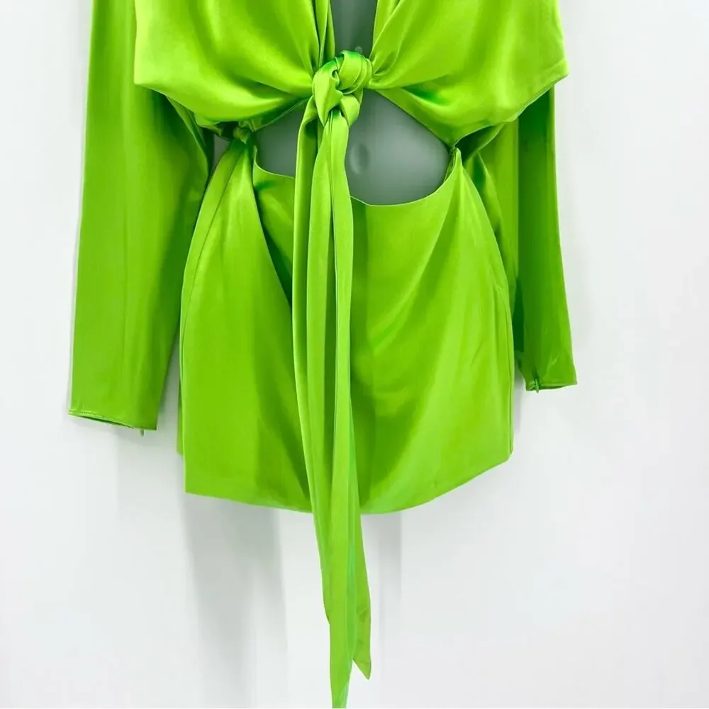 RETROFETE Knot-Detail Cut-Out Shirtdress Lime Green Deep V-Neck Tie Front Sm NEW - Picture 9 of 16